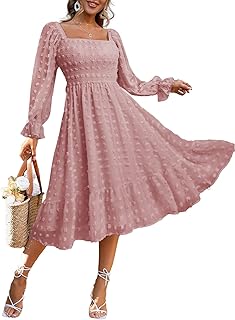 Amegoya Women's Boho Flowy Long Sleeve Square Neck Floral Midi Dress Smocked Spring Fall Wedding Guest Dresses