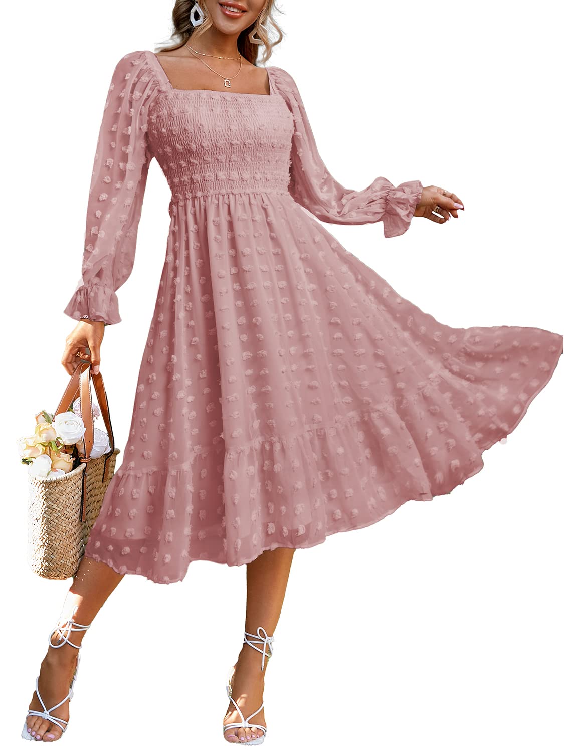 Amegoya Women's Boho Flowy Long Sleeve Square Neck Floral Midi Dress Smocked Spr