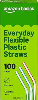 Amazon Basics Disposable Striped Plastic Flex Straws, Assorted Colors, 100 Count, Large Pack, Packaging May Vary
