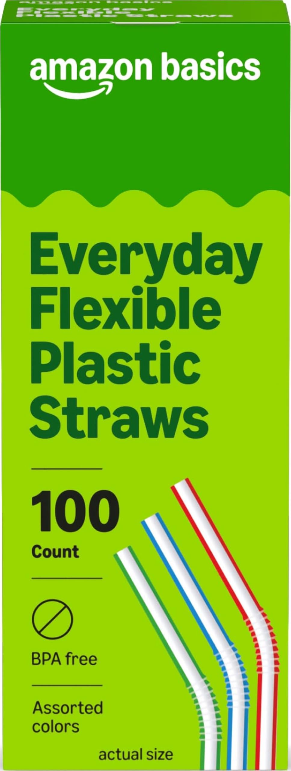 Amazon Basics Disposable Striped Plastic Flex Straws, Assorted Colors, 100 Count