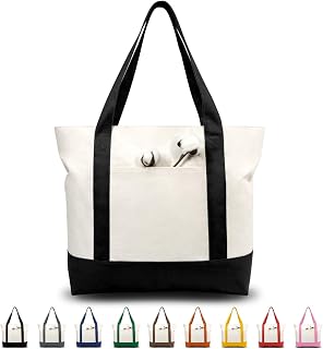 TOPDesign 1 | 3 | 6 | 30 Pack Canvas Tote Bag with an External Pocket, Reusable Grocery Shopping Bag, Top Zipper Closure, Daily Essentials (Black/Natural Pack of 1)
