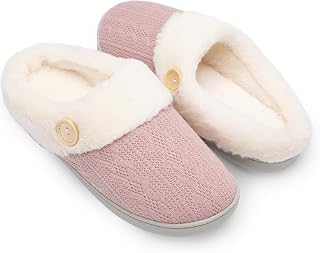 Chantomoo Women Slippers Comfortable Memory Foam Plush Bedroom Faux Fur Lined Knitted Warm Slippers Slip-on Shoes Lightweight Indoor Outdoor Rubber Sole
