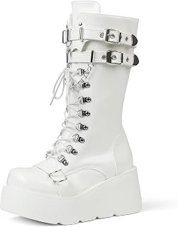 Women's Black Platform Boots Wedge Combat Gothic Chunky Heel Lace Up Mid Calf Punk Motorcycle Shoes