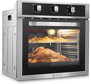 AMZCHEF Wall Oven 24" Electric, 2200W, 70L, 6 Cooking Modes, Knob Control | 2.5 Cu.ft. Stainless Steel Single Wall Oven, 120℉ to 480℉, Built-in, Convection, Timer, Baking Pan,Wire Rack ,Easy Clean