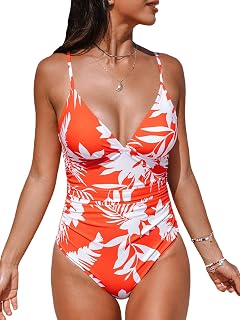 CUPSHE Women One Piece Swimsuit Deep V Neck Adjustable Straps Ruched Front