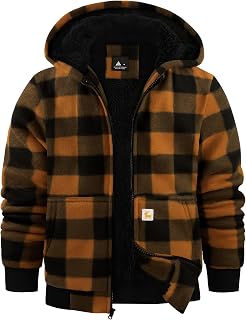 zitysport Boy Fleece Hoodie Kids Winter Plaid Fleece Full-Zip Hoodie Fleece Lined Sherpa Sweatshirt Boy's Jacket Soft Warm Hooded Flannel Jacket for Children