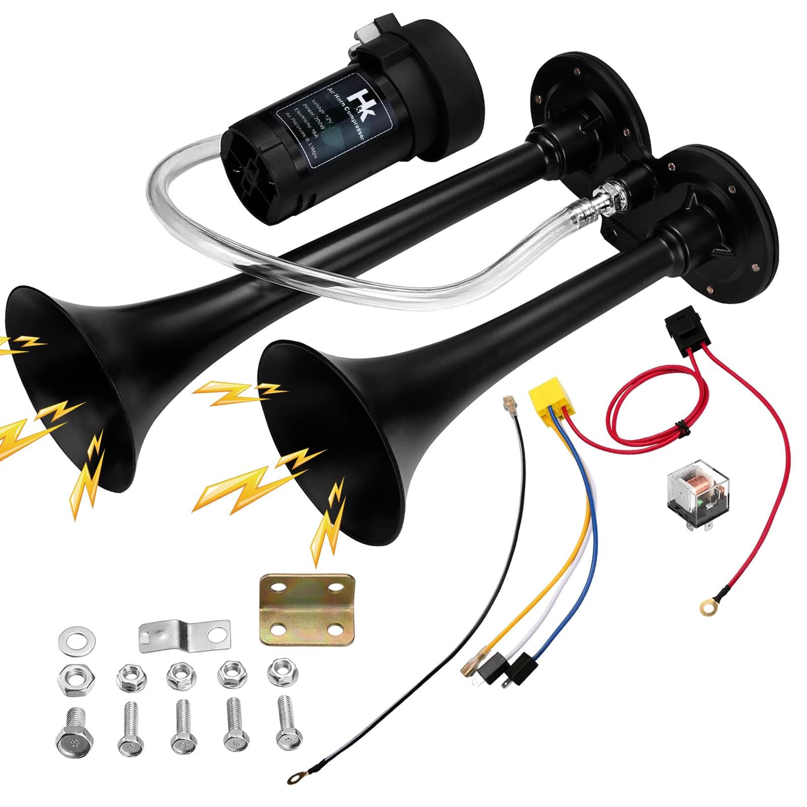 150db Super Loud Dual Trumpet Air Horn Kit with Compressor for Vehicles, Trucks,