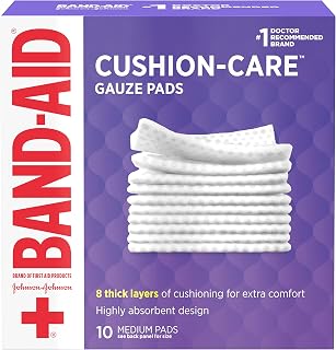 BAND-AID Brand Cushion-Care Gauze Pads, Medium Size, 3 in x 3 in, 10 Count | Absorbent Dressing Pads Non-Adhesive Comfortable Protection & Wound Care of Minor Cuts, Scrapes & Burns, For First Aid Kits