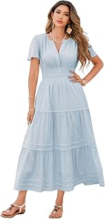 R.Vivimos Womens Summer Cotton Midi Dress 2025 Short Sleeve V Neck Elastic Waist Embroidered Tiered A-Line Long Dresses