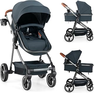 INFANS 2 in 1 Baby Stroller, Foldable High Landscape Shock Absorption with Reversible Seat, Newborn Convertible Stroller Bassinet for Infant and Toddler Pushchair (Dark Black)