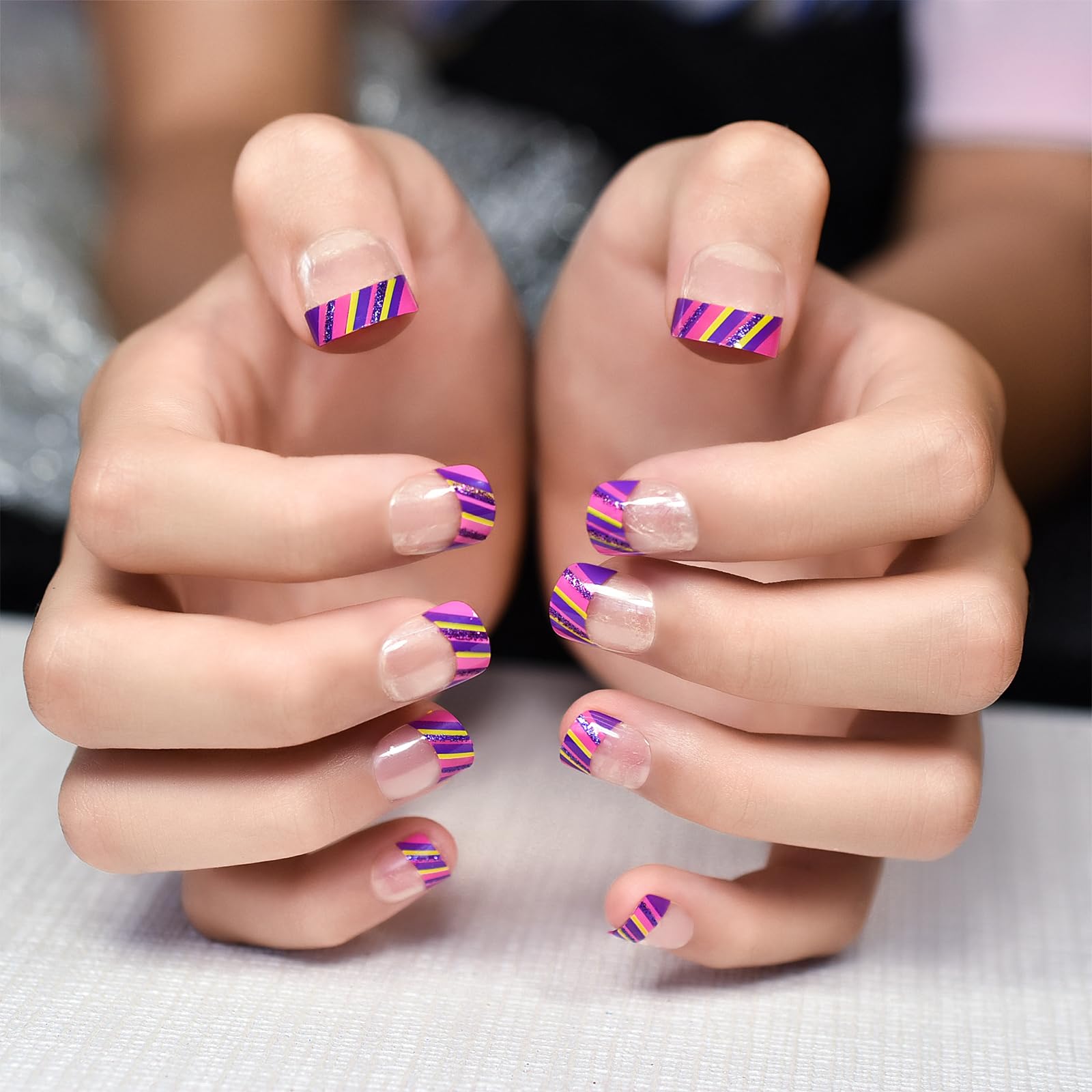 Square Press-On Nail Stripes French Tip Short Fake Fingernails Full Cover Manicu