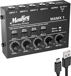 Moukey Mini Audio Mixer, DC 5V, 4 Stereo Ultra, Low Noise 4 Channel Line Mixer for Sub-Mixing, for Small Clubs or Bars, As Guitars, Bass, Keyboards Mixer, MAMX1