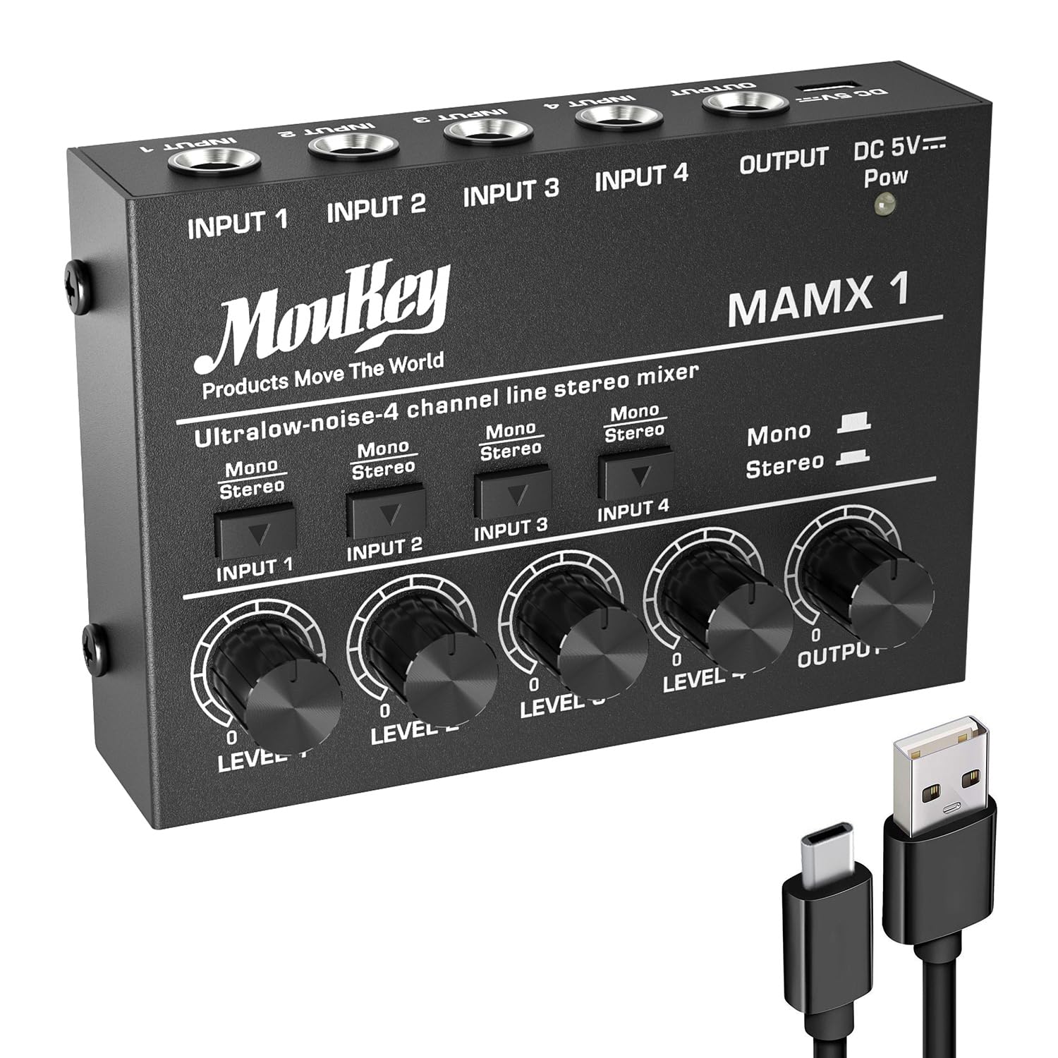 Moukey Mini Audio Mixer, DC 5V, 4 Stereo Ultra, Low Noise 4 Channel Line Mixer f