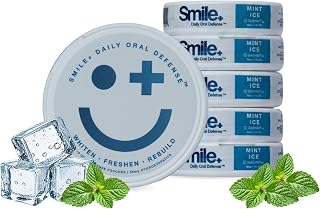 Smile+ Defense Pouches - Teeth Whitening, 55mg Nano Hydroxyapatite, Caffeine Free, Nicotine Free, Sugar Free, Enamel Repair & Remineralizing - Whiten, Freshen & Rebuild - Mint Ice, 15 Pouches (5 Tins)