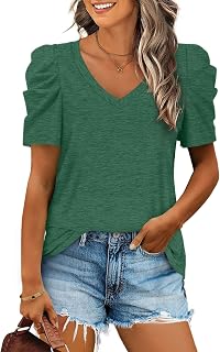 XIEERDUO Womens Summer Shirt V Neck Casual Tshirts Puff Sleeve Tops for Women Solid Color XS-3XL