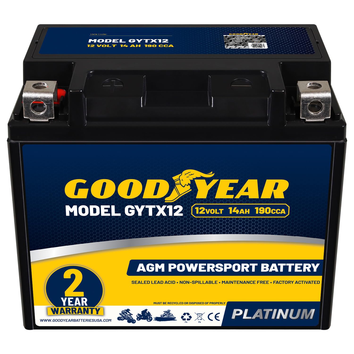 Goodyear GYTX12-12 Volt 14 AH, 190 CCA, Rechargeable High-Performance, Maintenan