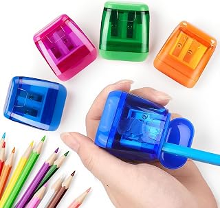 4 Pcs Double Hole Pencil Sharpener Set with Container, Portable Manual Pencil Sharpener for School, Office, Desk and Home Study Accessories (Blue, Green, Pink, Orange, F)