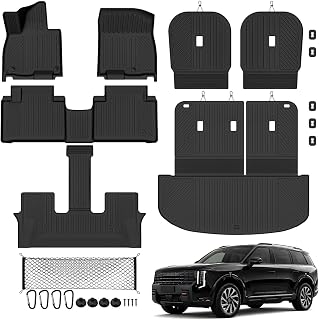 Tongama Floor Mat Set for 2027 Kia Telluride Hybrid 7 Seat/Bucket Seats | (Not for Gas)All Weather TPE Trunk Mat with Backrest Mat & 2nd Row Backrest Mats & Cargo Net for Kia Telluride Accessories