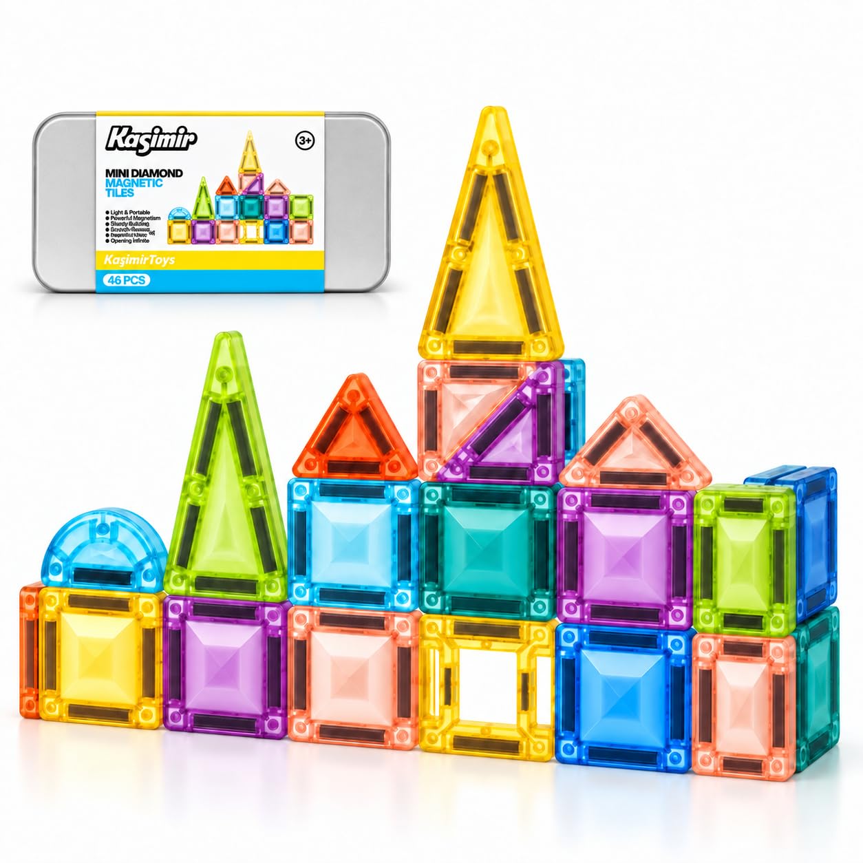 Kasimir Mini Magnetic Tiles for Kids, 46Pcs Magnetic Blocks with Travel Tin