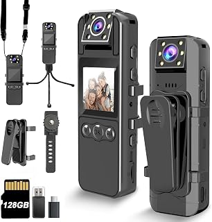 Body Camera, 1080p, 180° Rotating Lens, 6HR Battery, Night Vision, 128GB | One-touch synced audio & video recording. Compact lightweight design, great for personal, security, cycling, daily use.