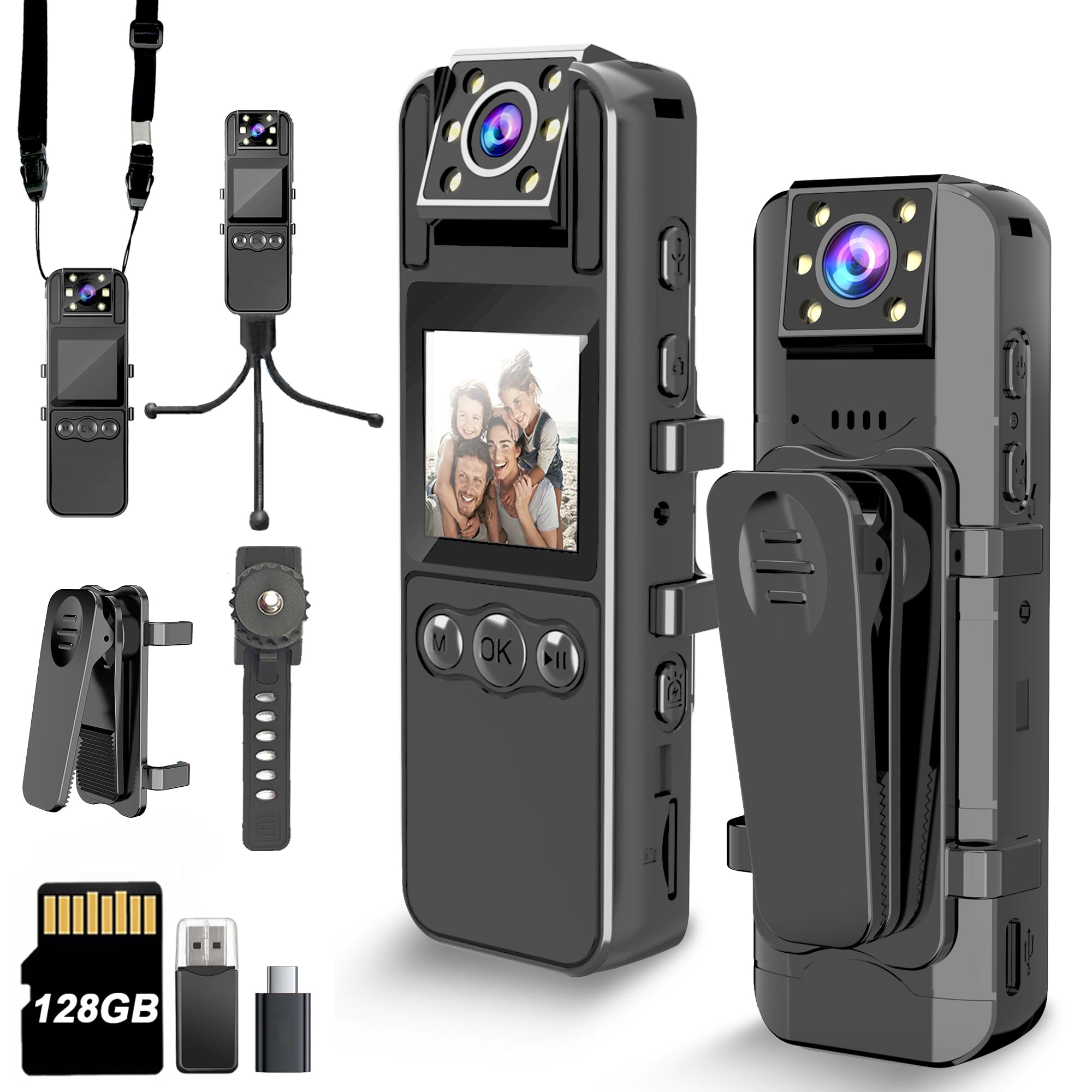 Body Camera, 1080p, 180° Rotating Lens, 6HR Battery, Night Vision, 128GB | One-t