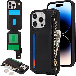 Cavor Custodia a portafoglio per iPhone 14 Pro con porta carte, custodia a portafoglio per iPhone 14 Pro per donne e uomini, custodia per iPhone 14 Pro con portafoglio, in pelle, chiusura magnetica