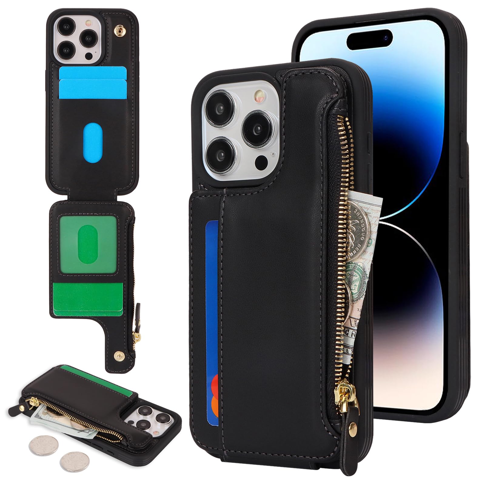 Cavor Custodia a portafoglio per iPhone 14 Pro con porta carte, custodia a porta