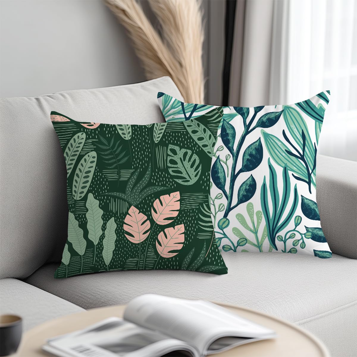 Tropical Leaves Throw Pillow Covers 18x18 Inch Green Plant Decor Cushion Covers 