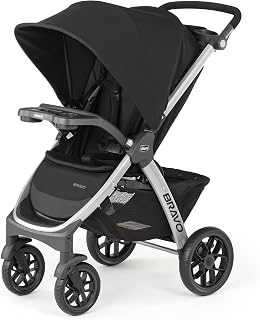 Chicco Bravo 3-in-1 Quick-Fold Stroller w/Child &amp; Parent Tray | Trio Travel System for Newborns &amp; Toddlers, UPF 50+ Canopy, 4-Wheel Suspension, 1-Hand Self-Standing Fold, Black