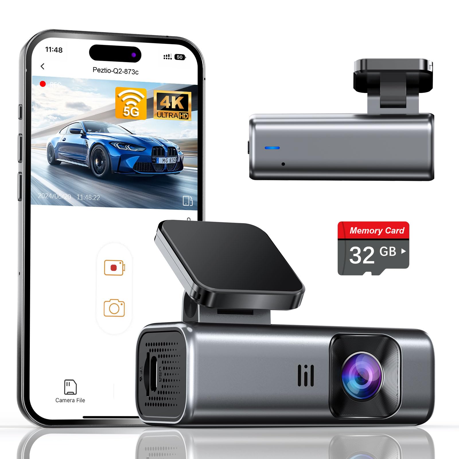 galphi 4K Dash Cam Front, 5GHz WiFi, 32GB Card Included, Mini Dashcam | Screen-F