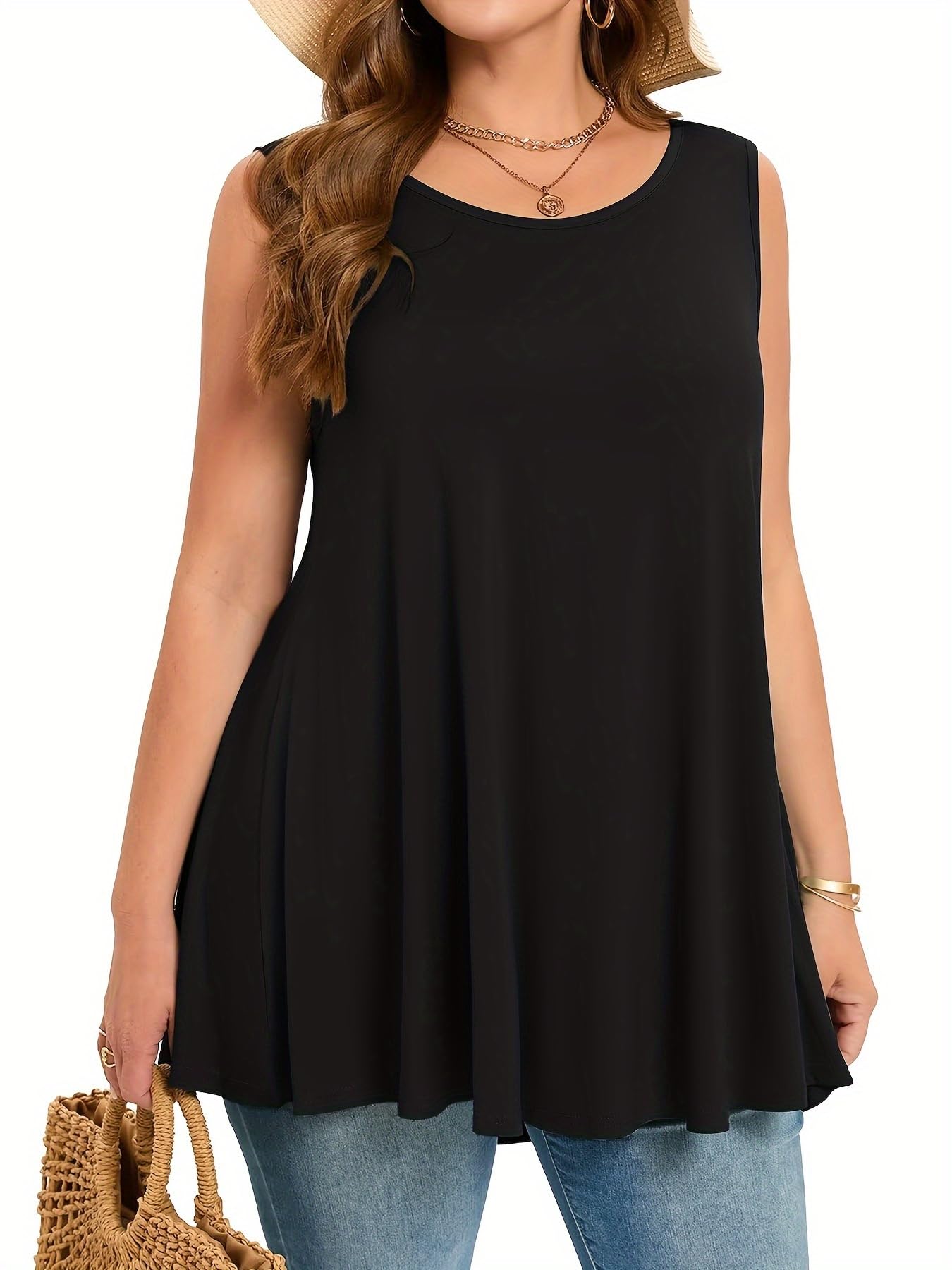 Women's Plus Size Sleeveless Round Neck Stretch Tank Tops Solid Color Casual Hol