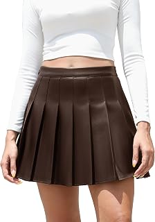 Easisim Women's Faux Leather High Waist A-Line Pleated Skater Mini Skirt