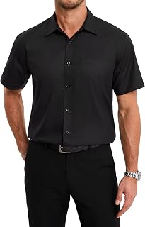 HISDERN Men's Short-Sleeved Summer Bamboo Fibre Shirt with Buttons and Pockets