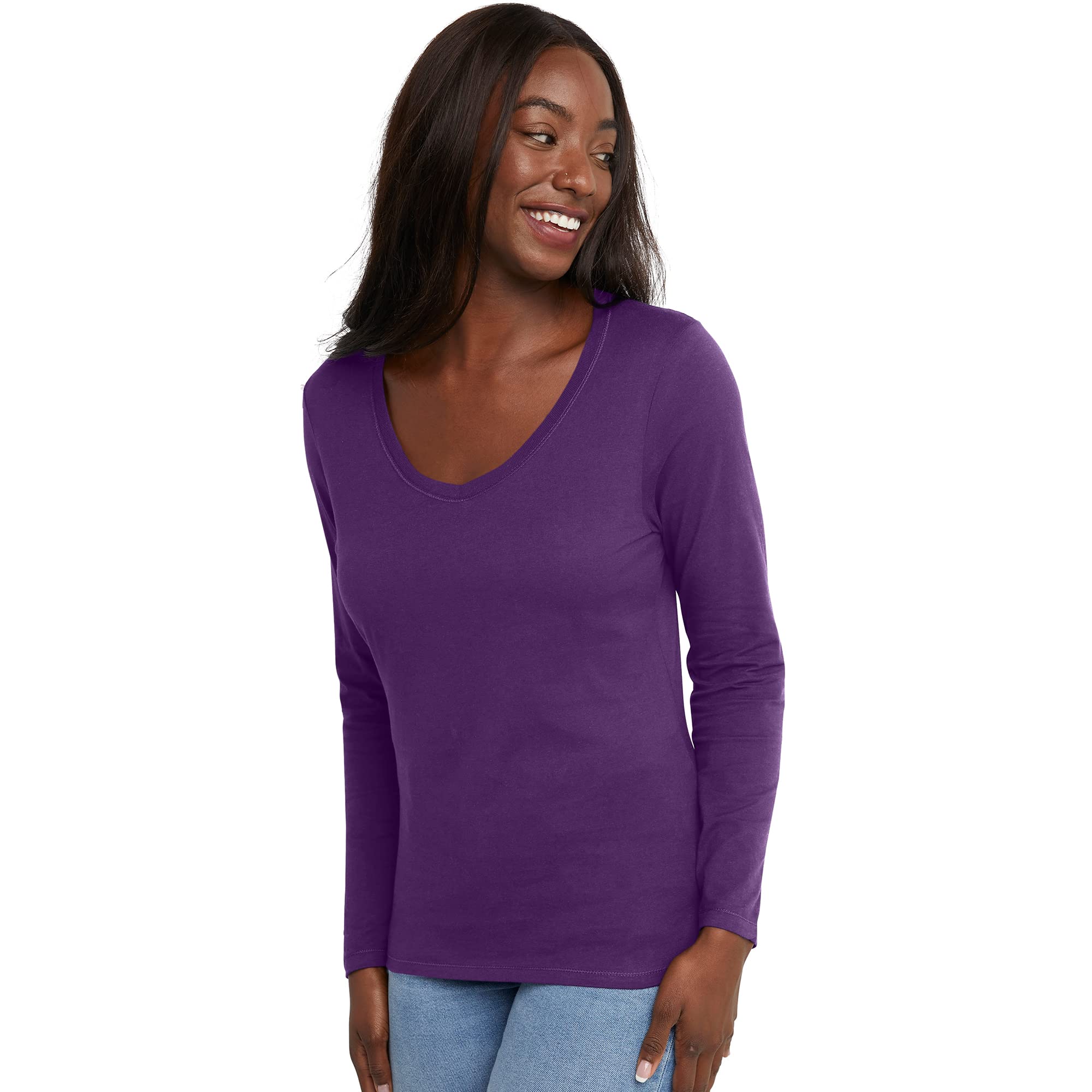 Hanes Women's Originals Long Sleeve Cotton T-Shirt, Lightweight Crewneck Tee, Mo