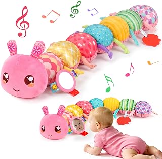 Baby Sensory Toys 0-6 Months Musical Stuffed Caterpillar Tummy Time Toys | Montessori Newborn Toys with Mirror Crinkle Rattle for Infants 0-3 3-6 Month 2 3 4 5 6-12 Month Old Babies Girl Shower Gifts