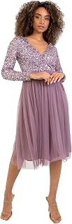 Maya Deluxe Womens Ladies Wedding Guest Midi Dress Long Sleeve Plunging Neckline V Neck Sequin Embellished Graduation Vestido de Dama de Honor para Mujer