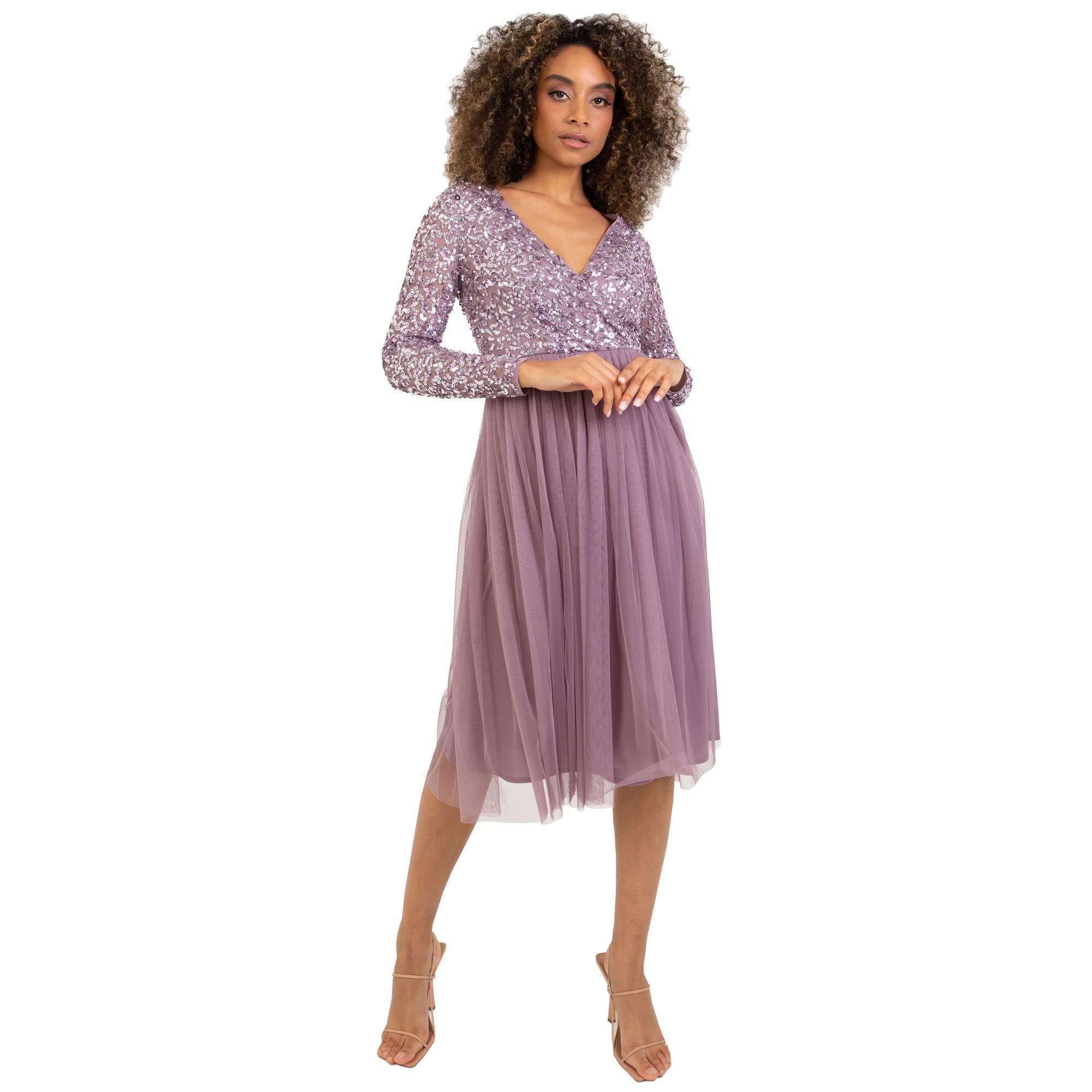 Maya Deluxe Womens Ladies Wedding Guest Midi Dress Long Sleeve Plunging Neckline