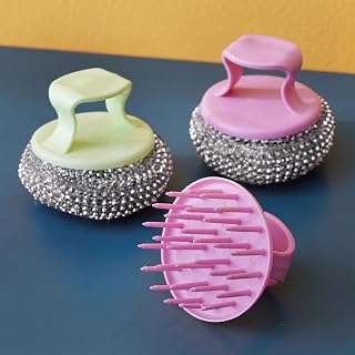 1pcs Stainless Steel Scrubber with Handle Dish Cleaning Scrubber Brush Pad for Kitchen Pot Pan Sink Random Color