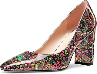 NobleOnly Women's High Chunky Wide Heel Square Closed Toe Slip-on Pumps Classic Cute Dress Shoes