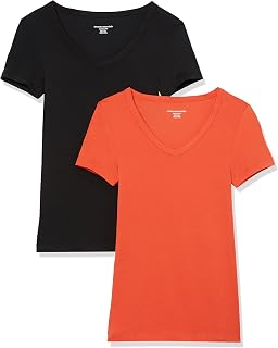Amazon Essentials Camiseta de Manga Corta con Cuello en V de Corte Ajustado, Paquete de 2 Mujer