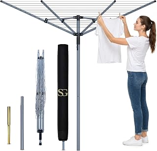 SG 4 Arm 60m Rotary Washing Line Outdoor, Heavy Duty Large Clothes Rotating Airer Dryer Garden use, Easy to Open and Close along with Ground Spike and Cover - Silver (60m)