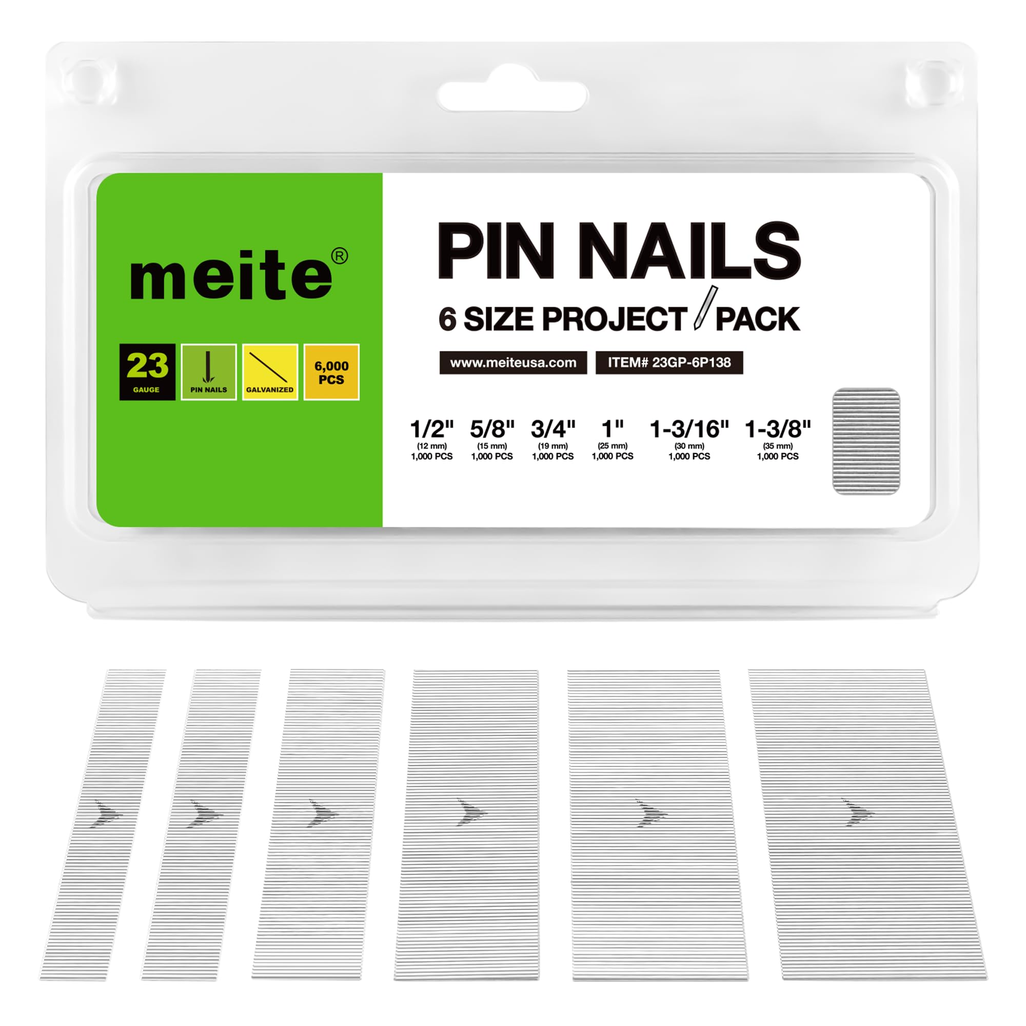 meite 23 Gauge Pin Nails, Assorted 6 Sizes (1/2", 5/8", 3/4", 1", 1-3/16", 1-3/8