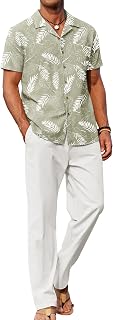 COOFANDY Men's Linen 2 Piece Outfits Button Down Shirt and Casual Loose Pants Set