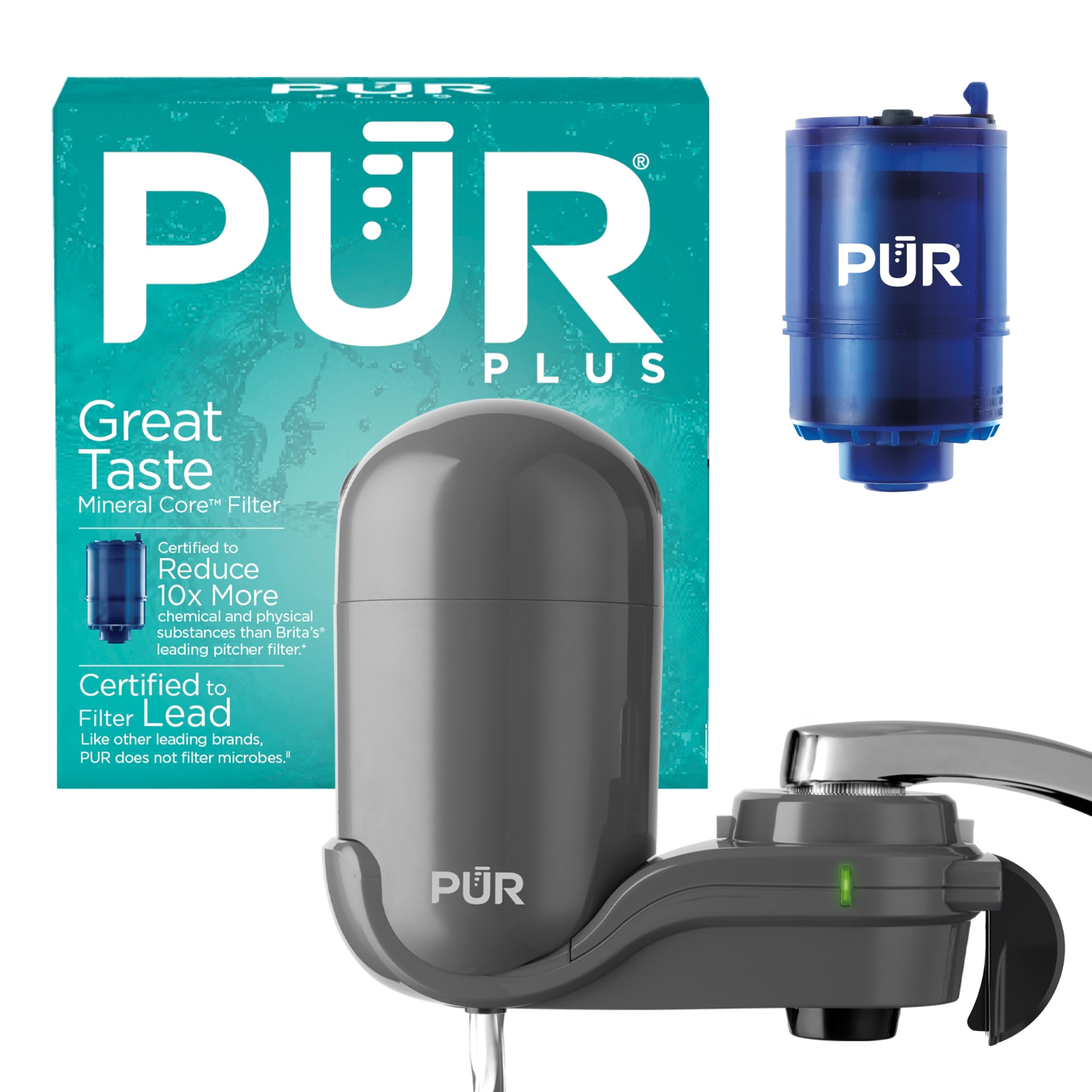 PUR Plus Faucet-Mount Water Filtration System, Lead-Reducing Filter, Grey | Easy