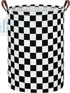 Round Laundry Basket Collapsible Boys Nursery Car Hamper Racing Flag | Waterproof Canvas Foldable Checkered Storage Bin Car Toy Bins Gift Baskets Bedroom Clothes for Home Play Bedroom Gift