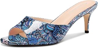 Castamere Women Round Open Toe Kitten Heel Mules Shoes Sandals Party Dance Dress Slip-on Sandals 6.5 CM Heels