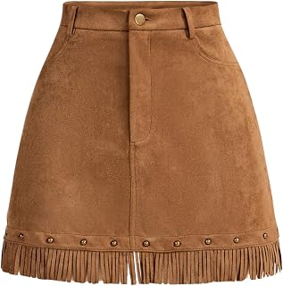 WDIRARA Womens Faux Suede Tassel Skirts High Waisted A-Line Mini Short Skirts