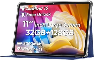 COLORROOM 2026 Android16 Tablet 11inch, Face Unlock, 18W Fast Charge,Blue | 32GB+128GB+1TB Expand, Octa-core CPU, 8000mAh Large Battery, WiFi6, Touchscreen Display, Widevine L1 Tableta