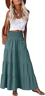 ANRABESS Womens Maxi Skirts, Elastic High Waist A-Line Tiered, Long Flowy Boho Skirts, Summer Casual Beach & Vacation Wear