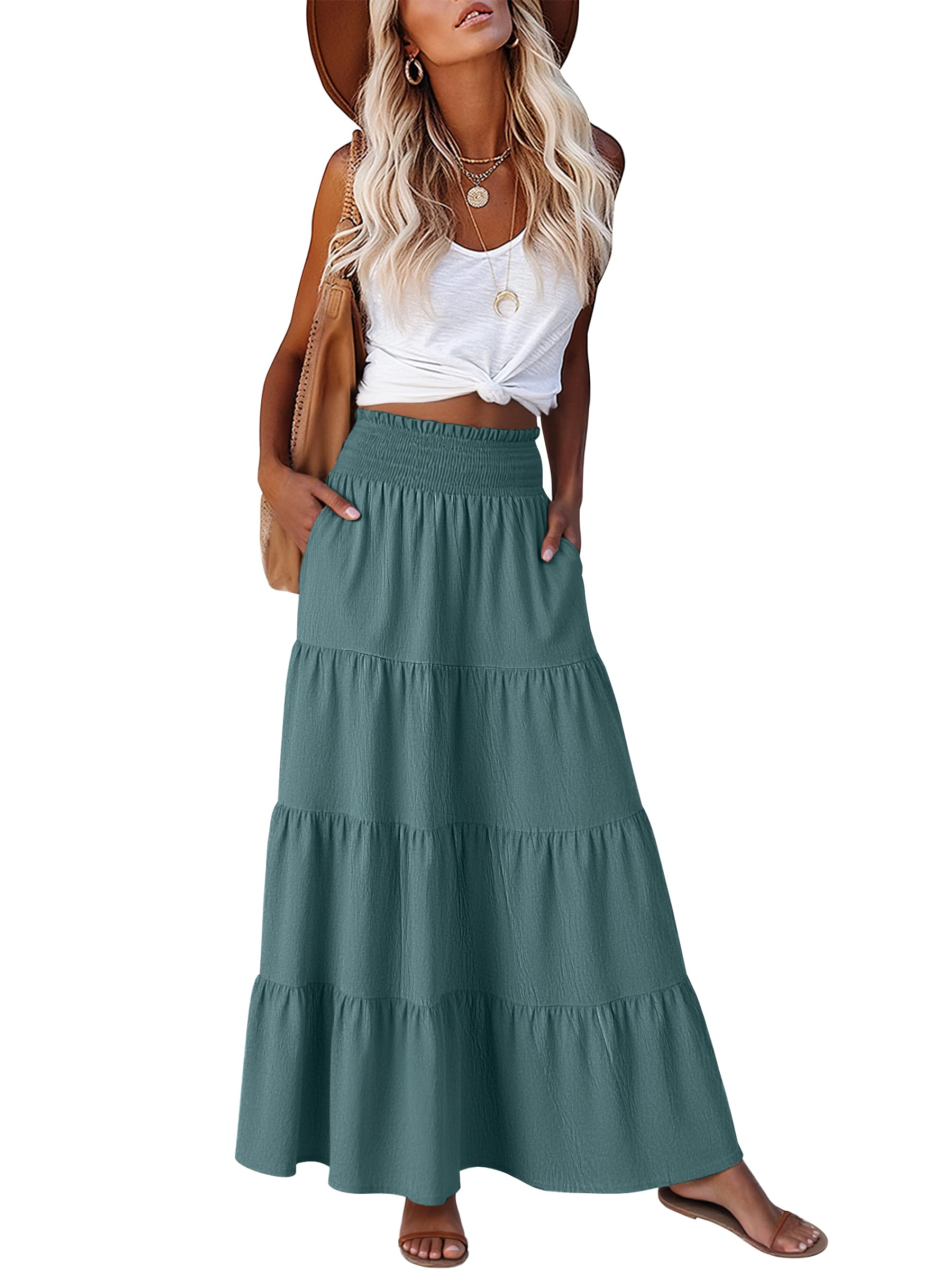 ANRABESS Womens Maxi Skirts, Elastic High Waist A-Line Tiered, Long Flowy Boho S